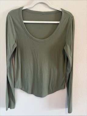 Olive Green Long Sleeve Women's Top with rounded neckline